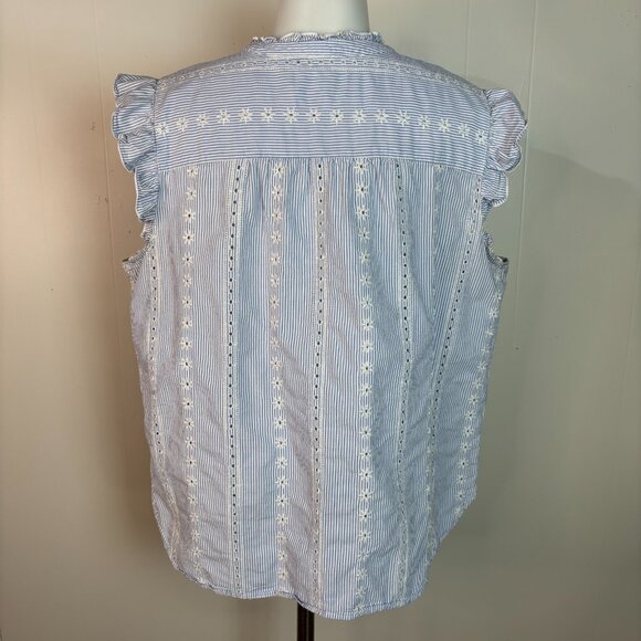 LOFT Top XL Blue White Striped Eyelet Embroidered Flutter Sleeve Button-Front - Picture 5 of 11